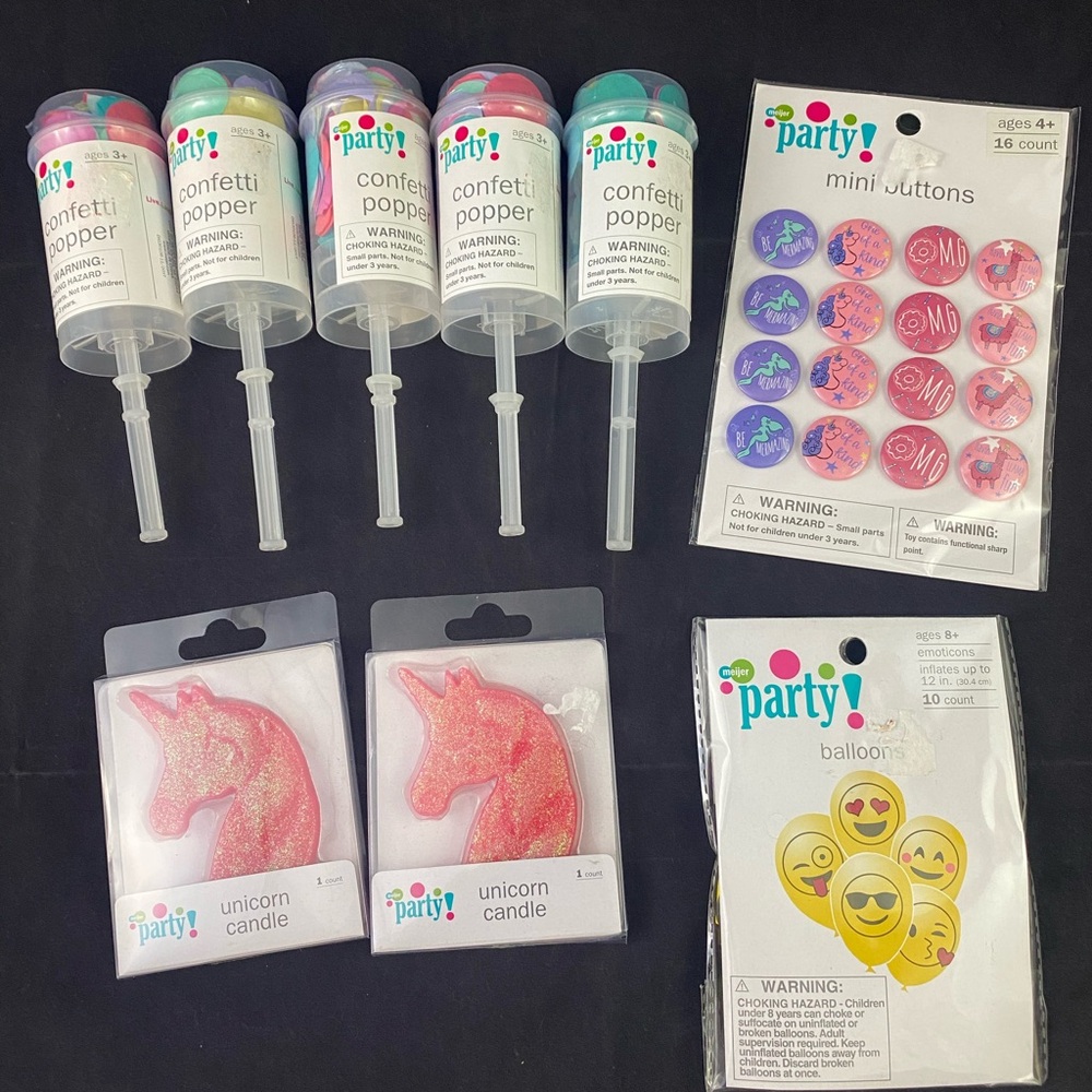 Kids Birthday Party Bundle Unicorn Candle Buttons Balloons Confetti Poppers A2